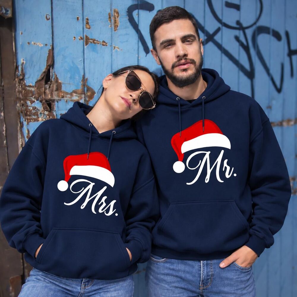 Mr and Mrs Christmas Hoodie, Matching Couple Sweatshirt, Santa Hat Tee